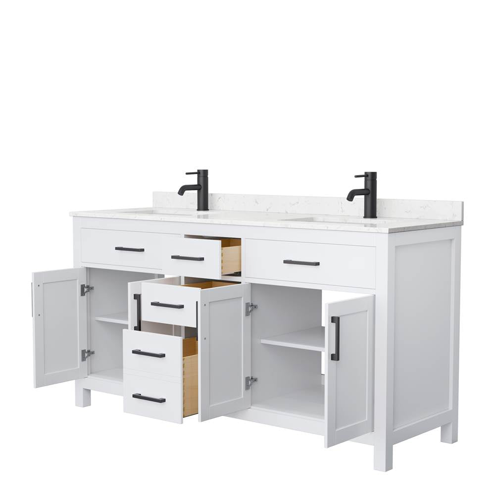 Beckett 66 Inch Double Bathroom Vanity in White, Carrara Cultured Marble Countertop, Undermount Square Sinks, Matte Black Trim