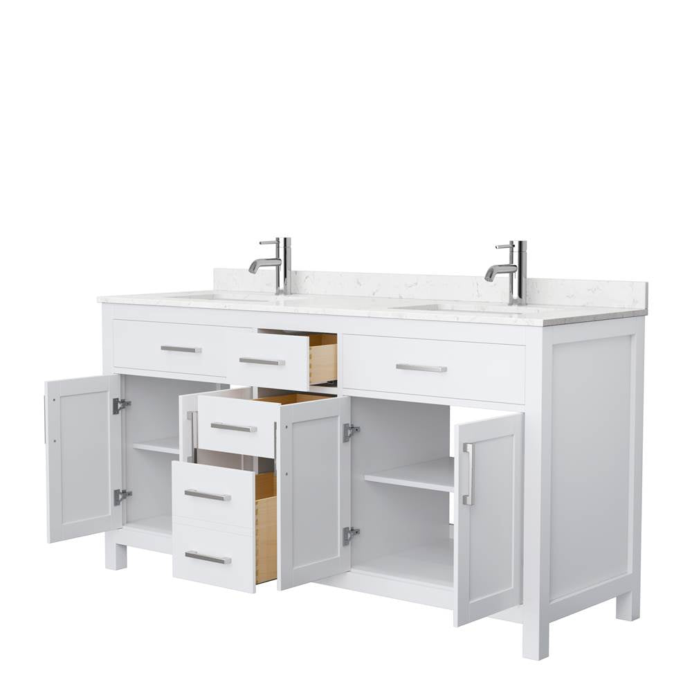 Beckett 66 Inch Double Bathroom Vanity in White, Carrara Cultured Marble Countertop, Undermount Square Sinks, No Mirror