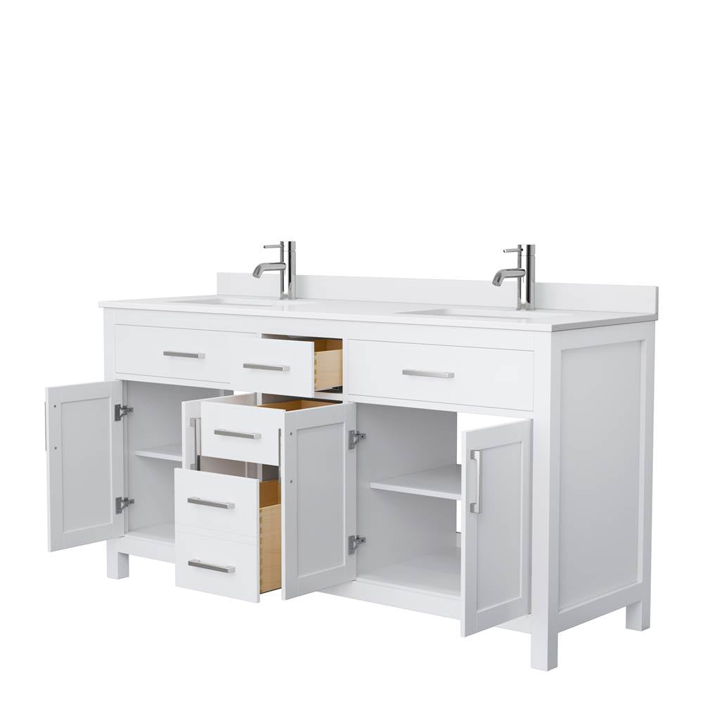 Beckett 66 Inch Double Bathroom Vanity in White, White Cultured Marble Countertop, Undermount Square Sinks, No Mirror