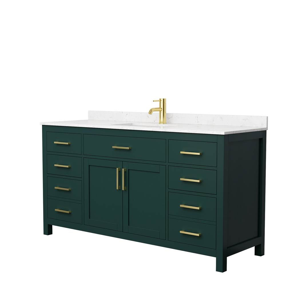 Wyndham Collection - Beckett 66 Inch Single Bathroom Vanity in Green, Carrara Cultured Marble Countertop, Undermount Square Sink, Brushed Gold Trim