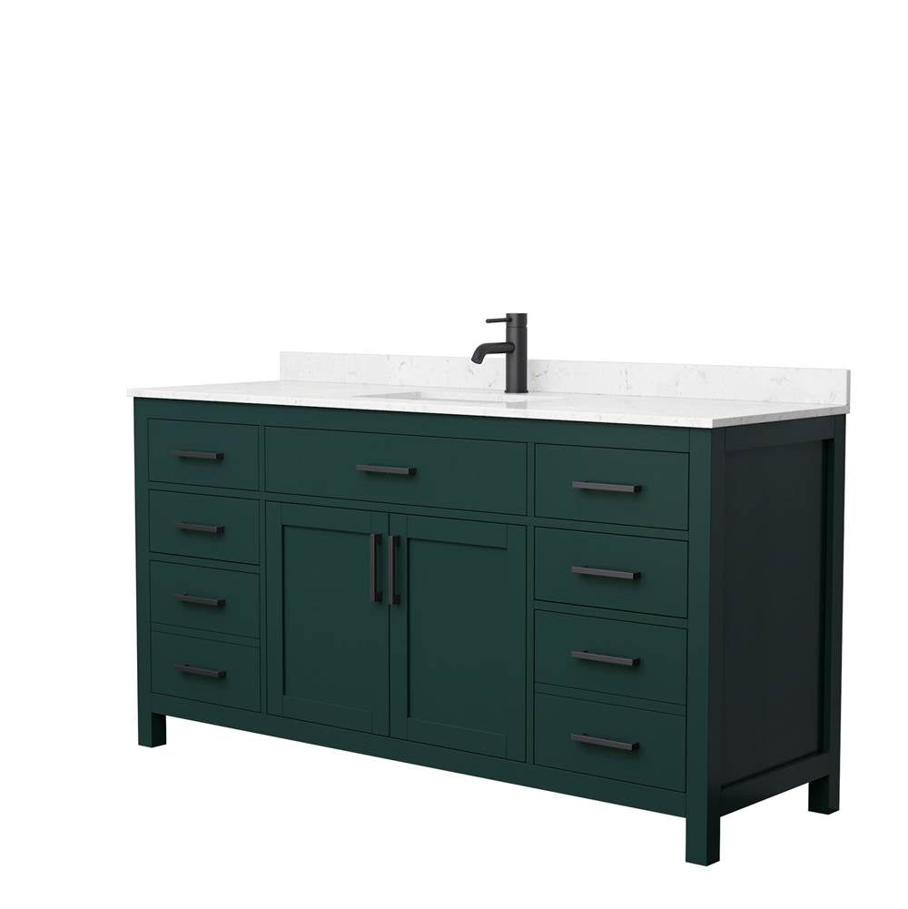 Wyndham Collection - Beckett 66 Inch Single Bathroom Vanity in Green, Carrara Cultured Marble Countertop, Undermount Square Sink, Matte Black Trim