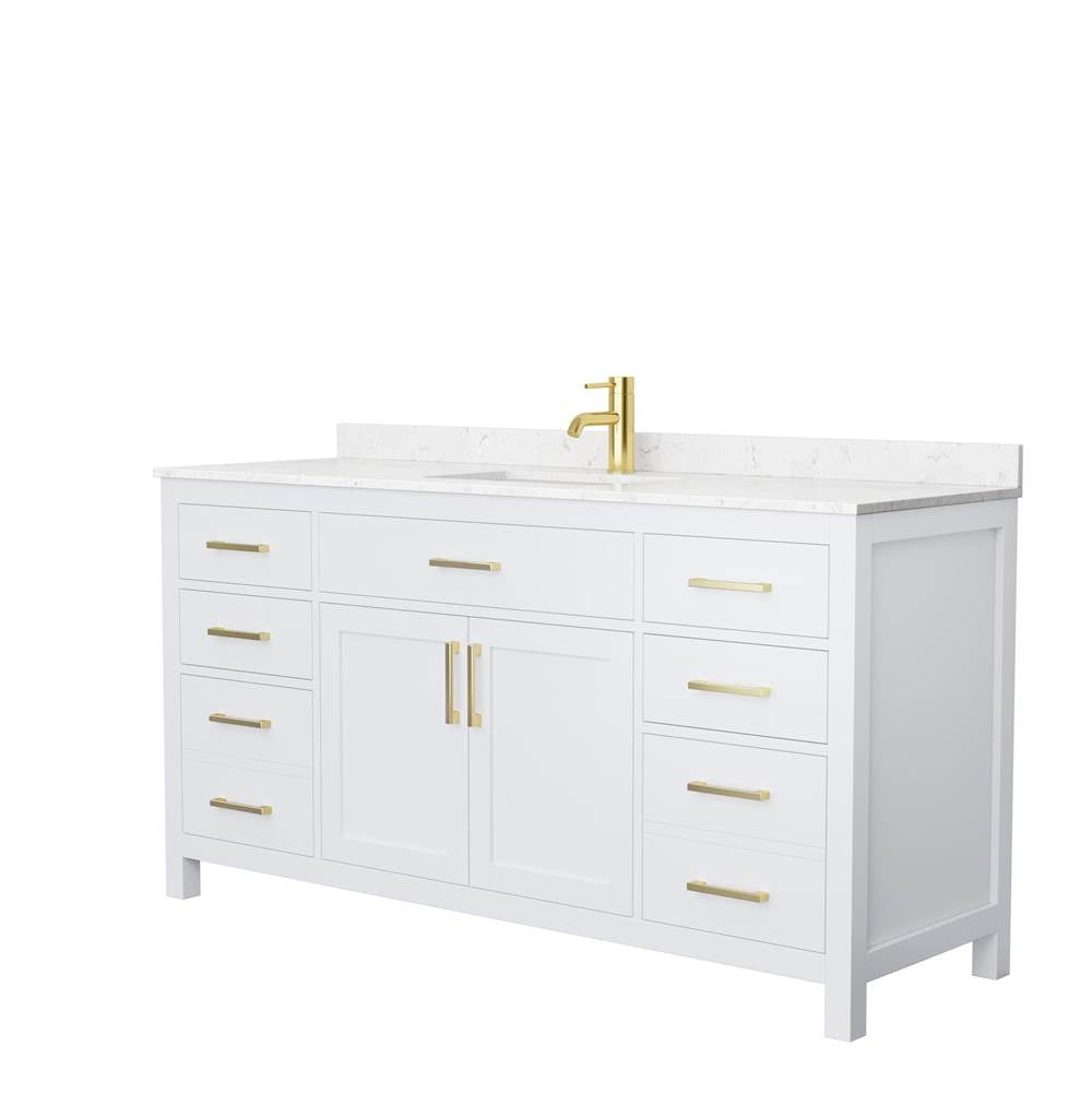 Wyndham Collection - Beckett 66 Inch Single Bathroom Vanity in White, Carrara Cultured Marble Countertop, Undermount Square Sink, Brushed Gold Trim