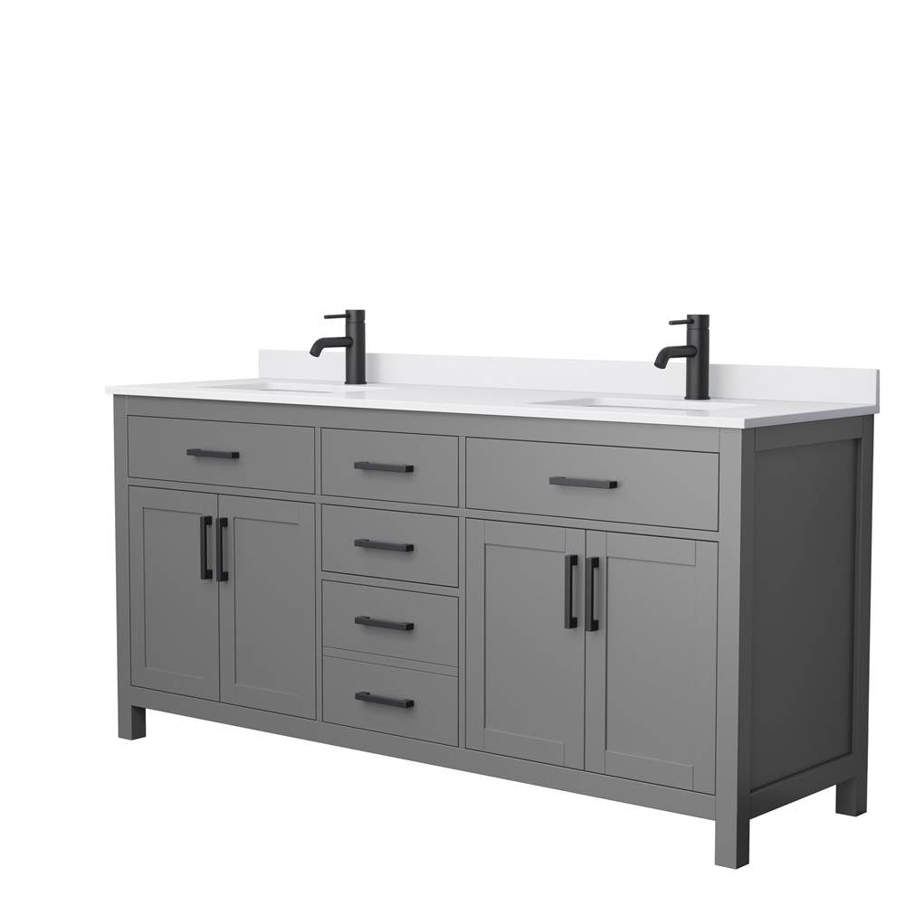 Wyndham Collection - Beckett 72 Inch Double Bathroom Vanity in Dark Gray, White Cultured Marble Countertop, Undermount Square Sinks, Matte Black Trim