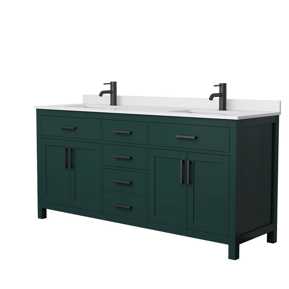 Wyndham Collection - Beckett 72 Inch Double Bathroom Vanity in Green, White Cultured Marble Countertop, Undermount Square Sinks, Matte Black Trim