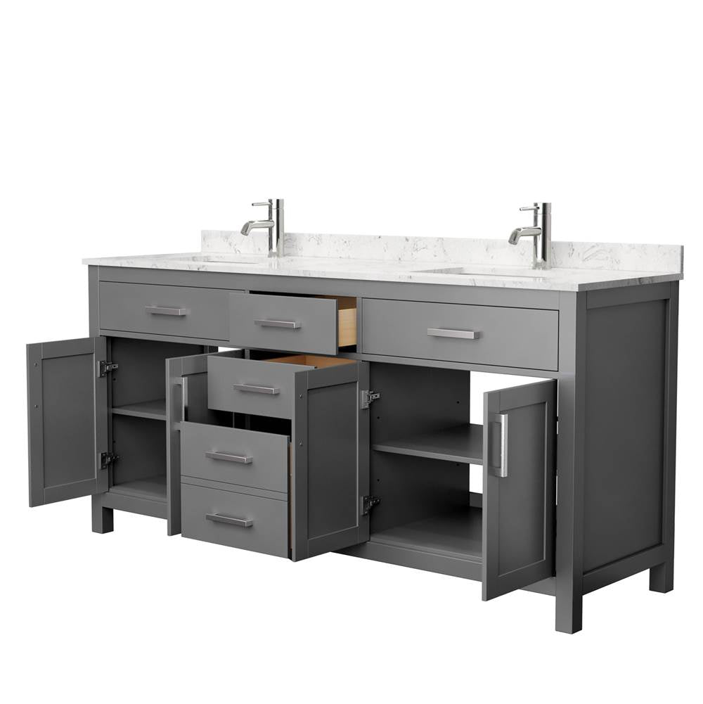 Beckett 72 Inch Double Bathroom Vanity in Dark Gray, Carrara Cultured Marble Countertop, Undermount Square Sinks, No Mirror