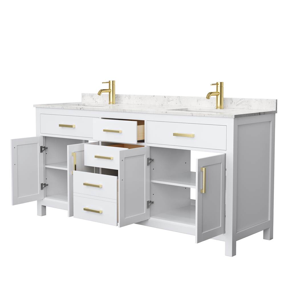 Beckett 72 Inch Double Bathroom Vanity in White, Carrara Cultured Marble Countertop, Undermount Square Sinks, Brushed Gold Trim