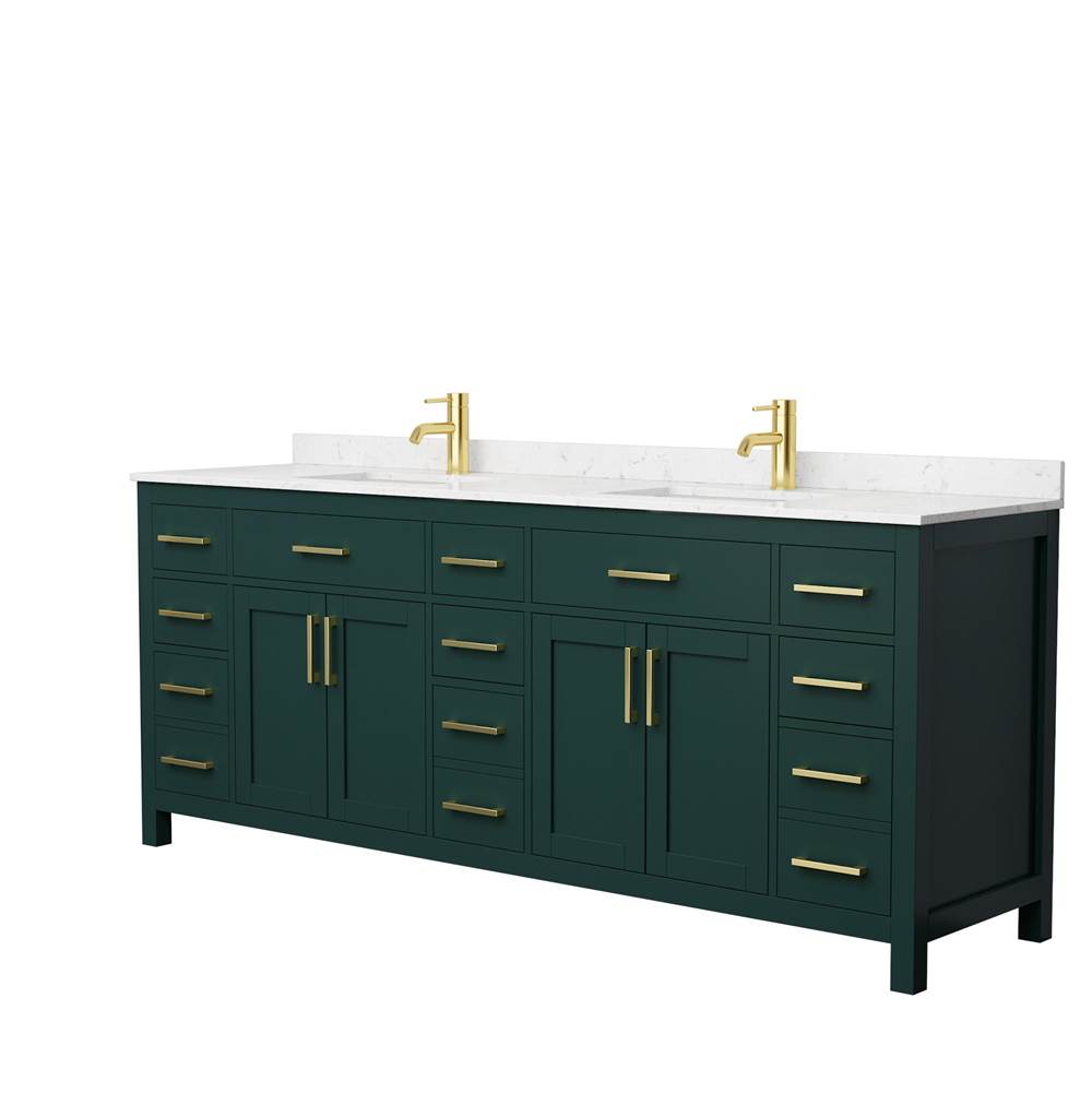 Wyndham Collection - Beckett 84 Inch Double Bathroom Vanity in Green, Carrara Cultured Marble Countertop, Undermount Square Sinks, Brushed Gold Trim
