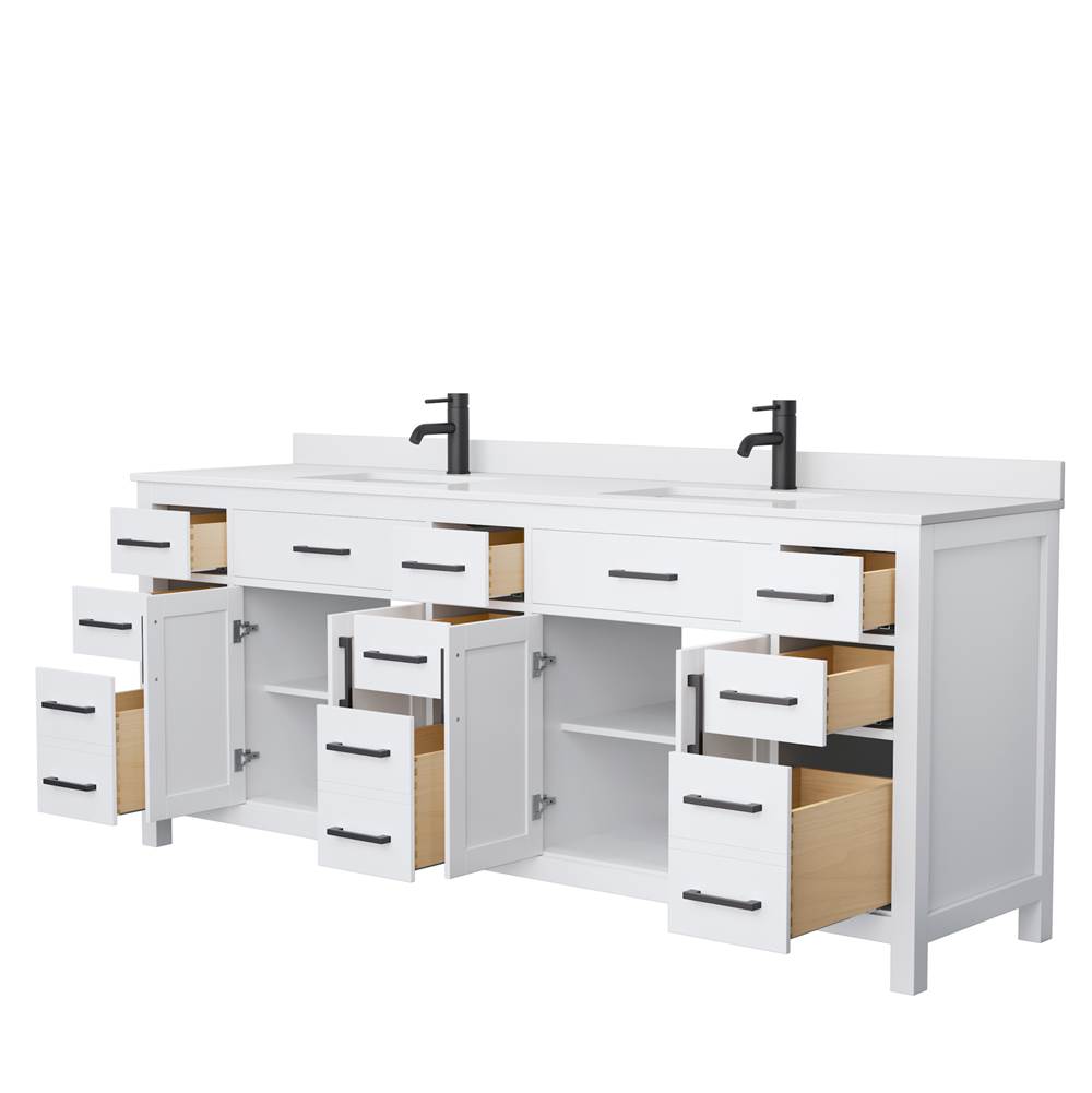 Beckett 84 Inch Double Bathroom Vanity in White, White Cultured Marble Countertop, Undermount Square Sinks, Matte Black Trim