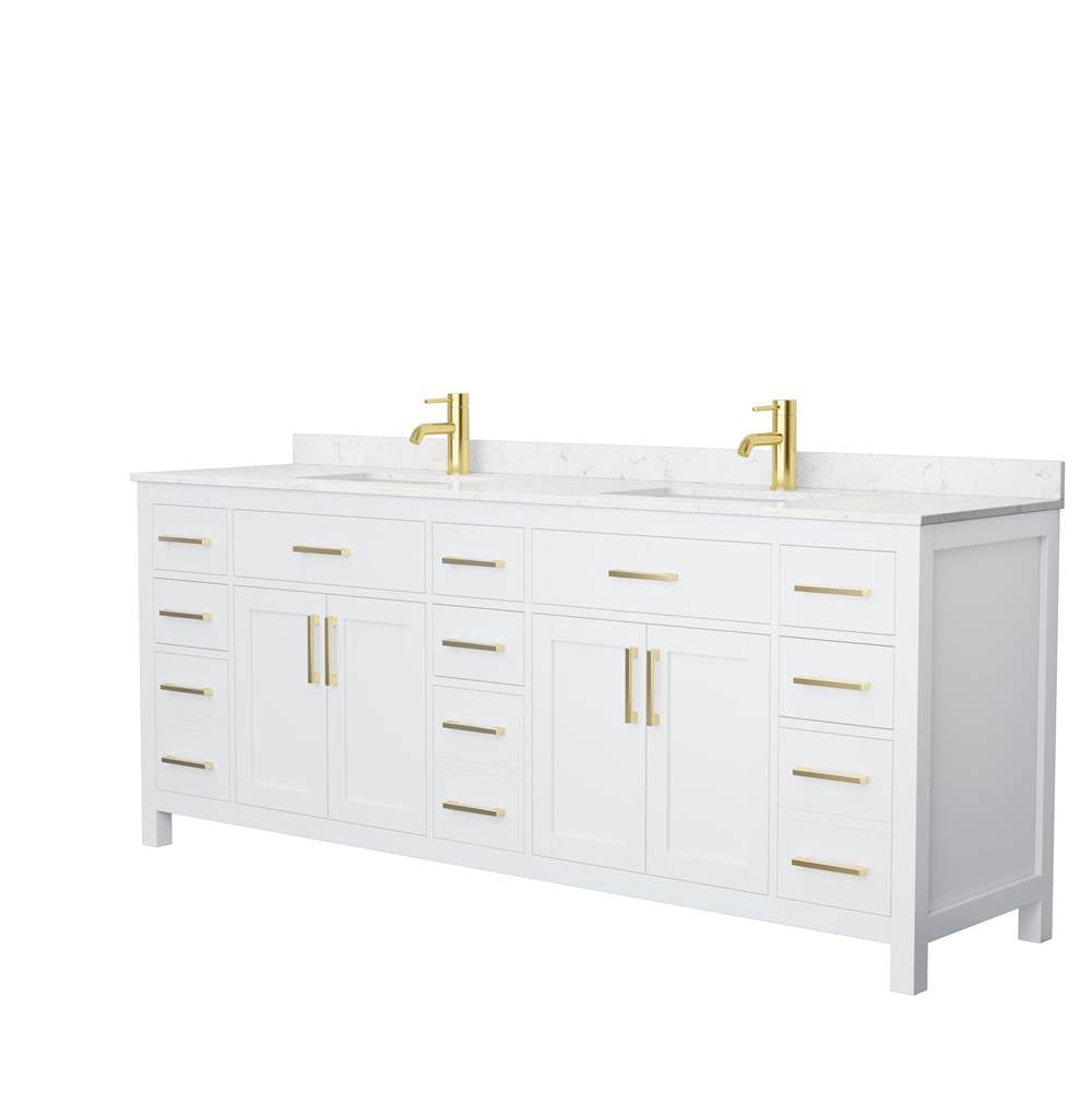 Wyndham Collection - Beckett 84 Inch Double Bathroom Vanity in White, Carrara Cultured Marble Countertop, Undermount Square Sinks, Brushed Gold Trim