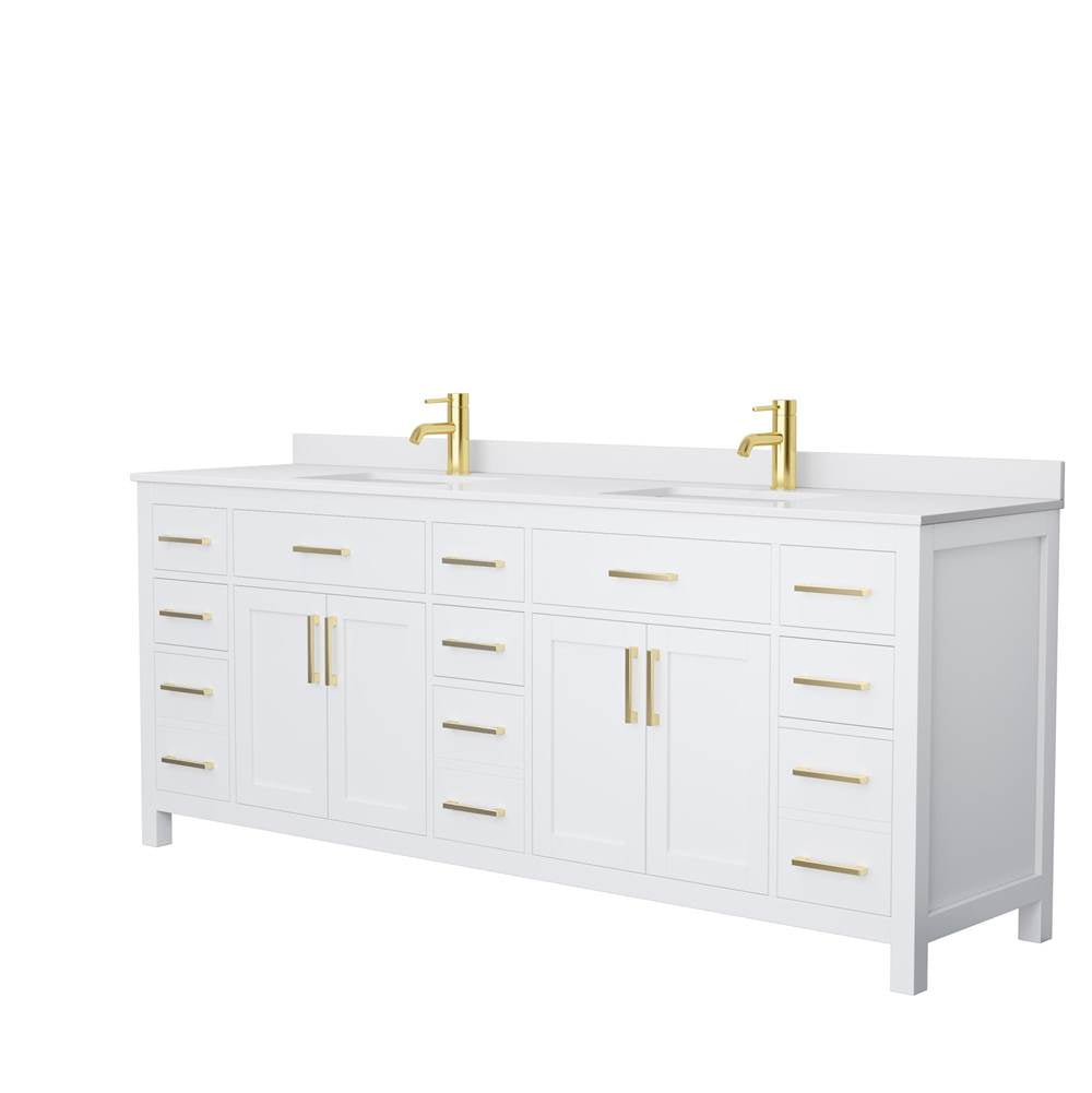 Wyndham Collection - Beckett 84 Inch Double Bathroom Vanity in White, White Cultured Marble Countertop, Undermount Square Sinks, Brushed Gold Trim