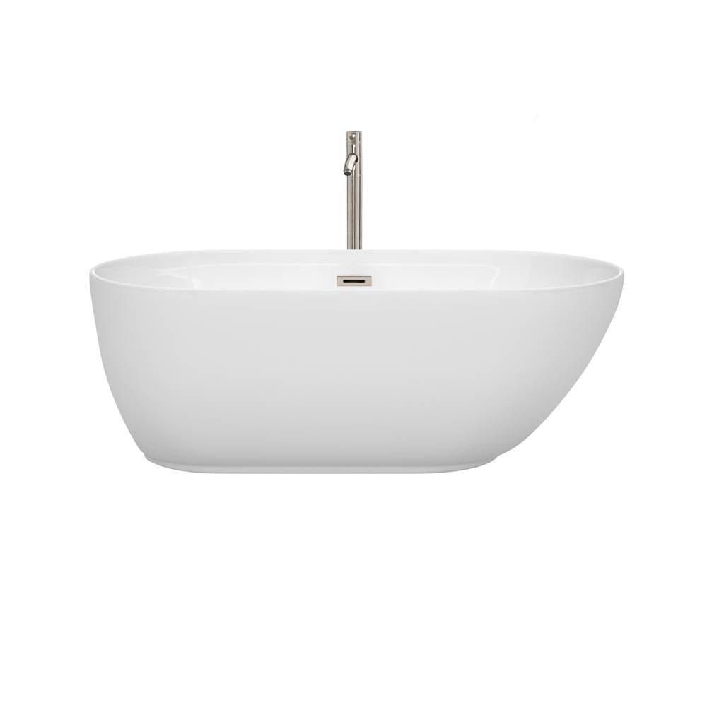 Melissa 60 Inch Freestanding Bathtub in White with Floor Mounted Faucet, Drain and Overflow Trim in Brushed Nickel