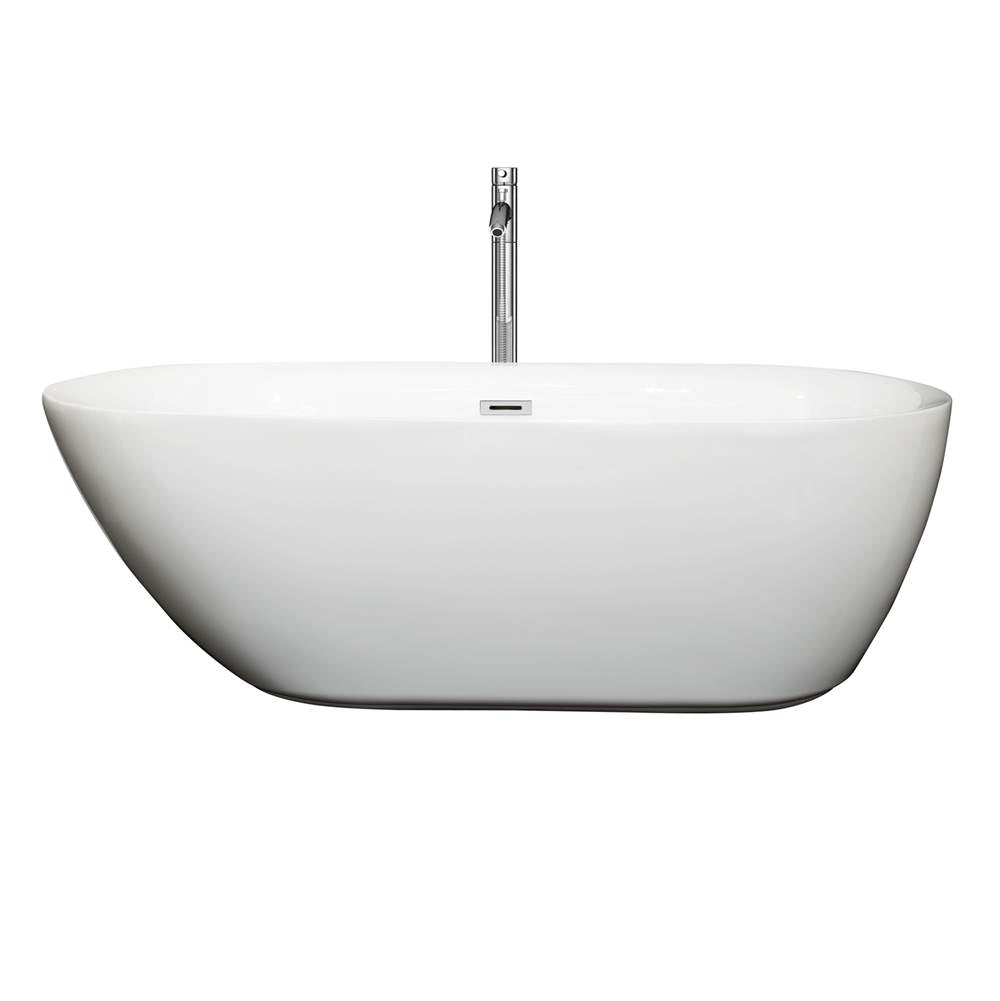 Melissa 65 Inch Freestanding Bathtub in White with Floor Mounted Faucet, Drain and Overflow Trim in Brushed Nickel