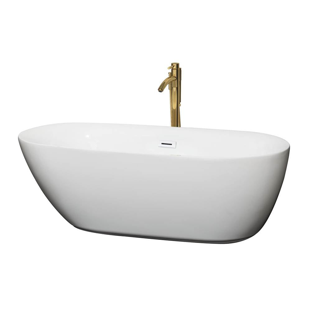 Wyndham Collection - Melissa 65 Inch Freestanding Bathtub in White with Shiny White Trim and Floor Mounted Faucet in Brushed Gold