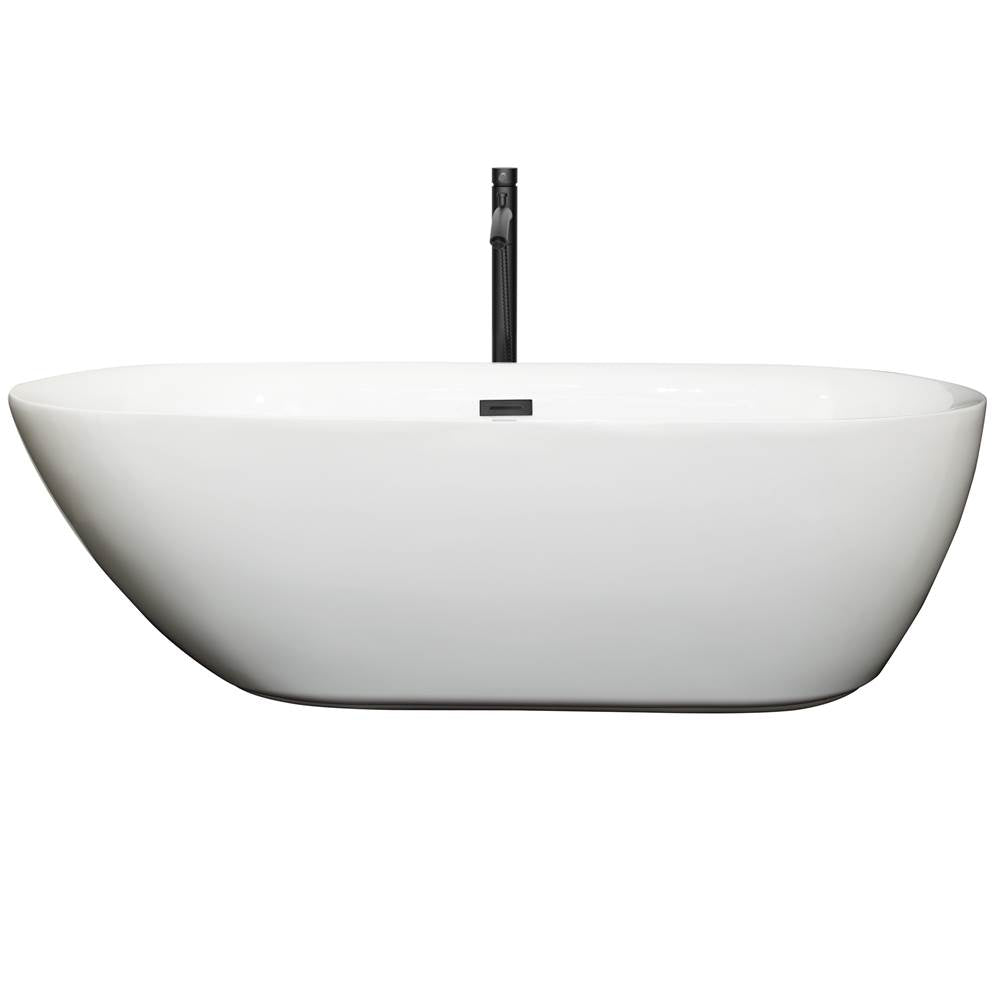 Melissa 71 Inch Freestanding Bathtub in White with Floor Mounted Faucet, Drain and Overflow Trim in Matte Black