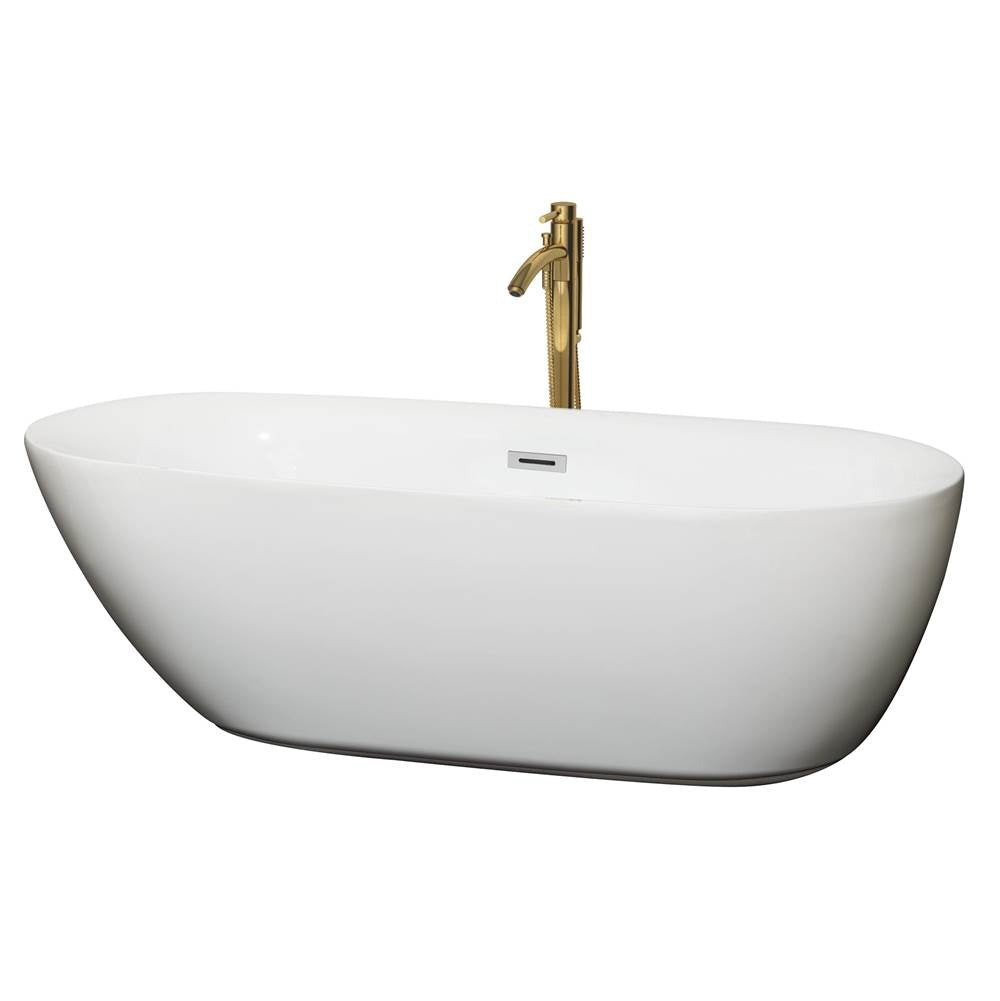 Wyndham Collection - Melissa 71 Inch Freestanding Bathtub in White with Polished Chrome Trim and Floor Mounted Faucet in Brushed Gold