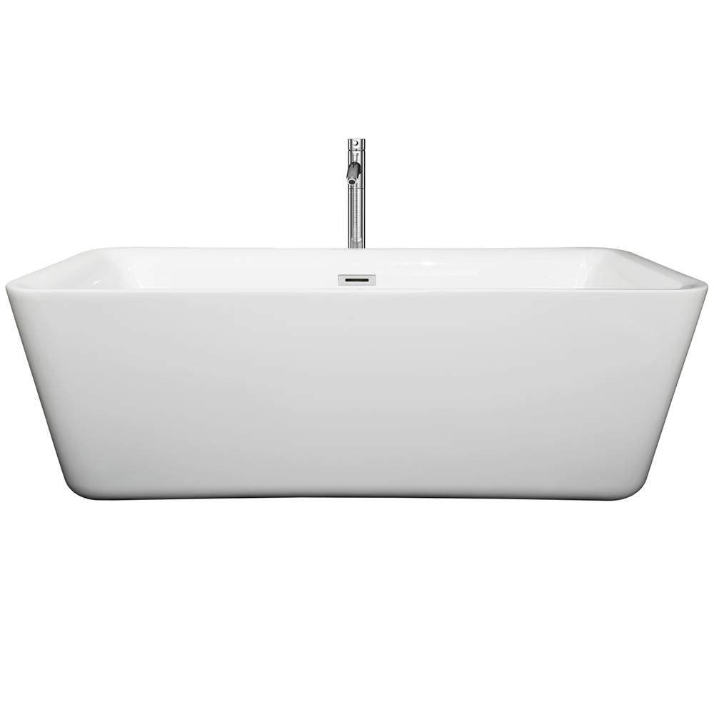 Emily 69 Inch Freestanding Bathtub in White with Floor Mounted Faucet, Drain and Overflow Trim in Brushed Nickel