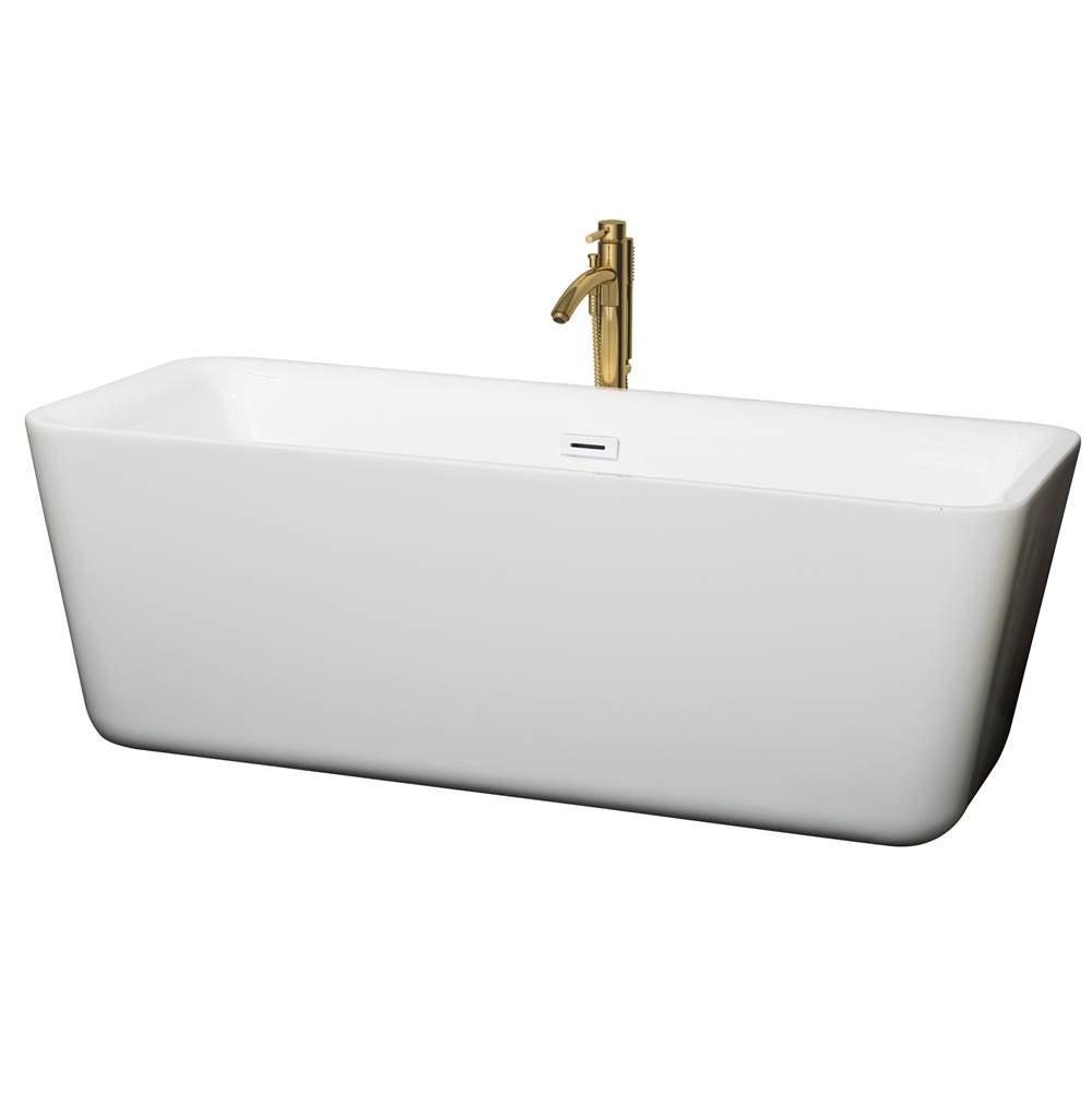 Wyndham Collection - Emily 69 Inch Freestanding Bathtub in White with Shiny White Trim and Floor Mounted Faucet in Brushed Gold