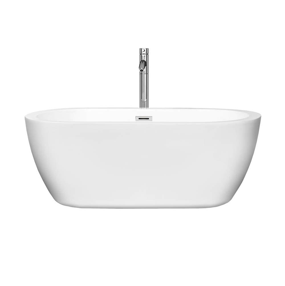 Soho 60 Inch Freestanding Bathtub in White with Floor Mounted Faucet, Drain and Overflow Trim in Brushed Nickel