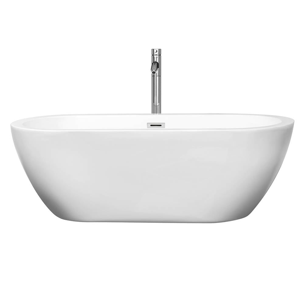 Soho 68 Inch Freestanding Bathtub in White with Floor Mounted Faucet, Drain and Overflow Trim in Brushed Nickel