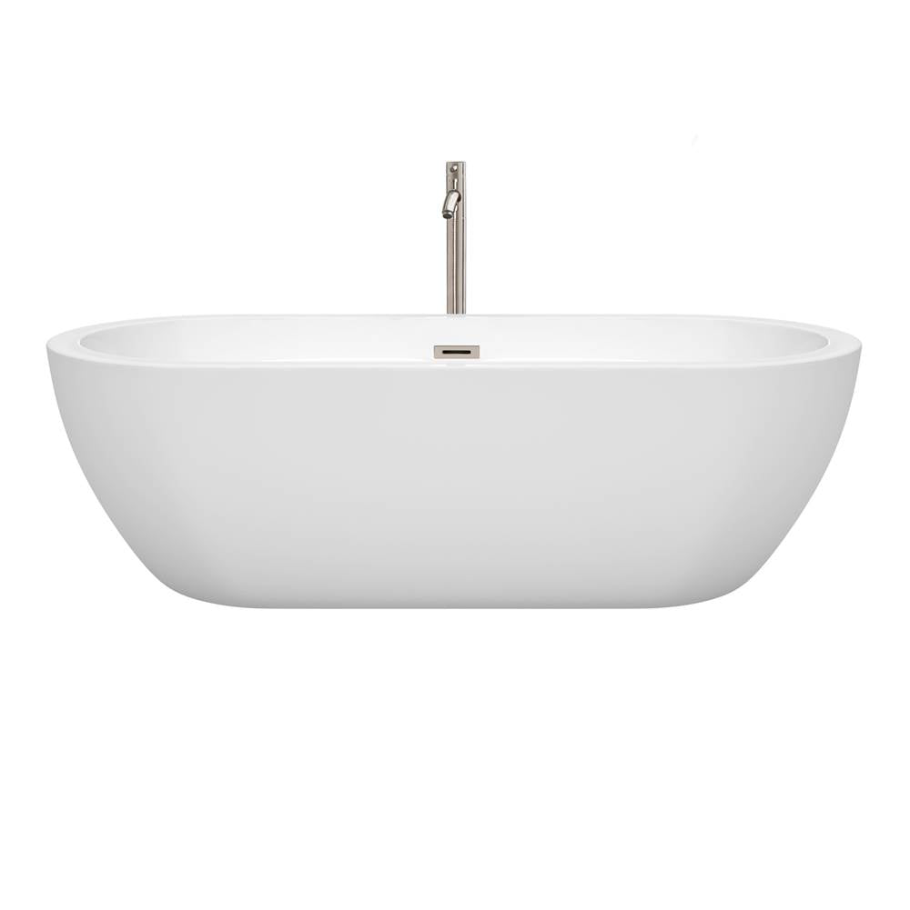 Soho 72 Inch Freestanding Bathtub in White with Floor Mounted Faucet, Drain and Overflow Trim in Brushed Nickel