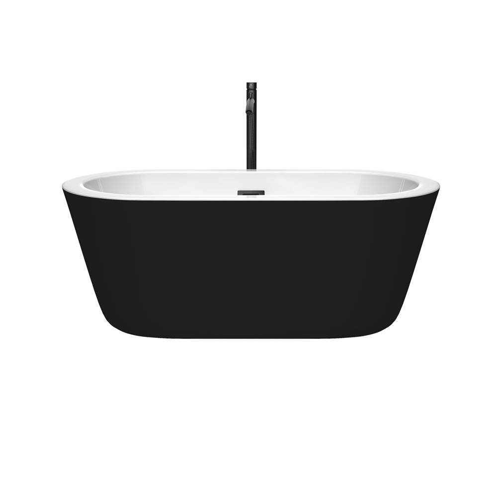 Mermaid 60 Inch Freestanding Bathtub in Black with White Interior with Floor Mounted Faucet, Drain and Overflow Trim in Matte Black