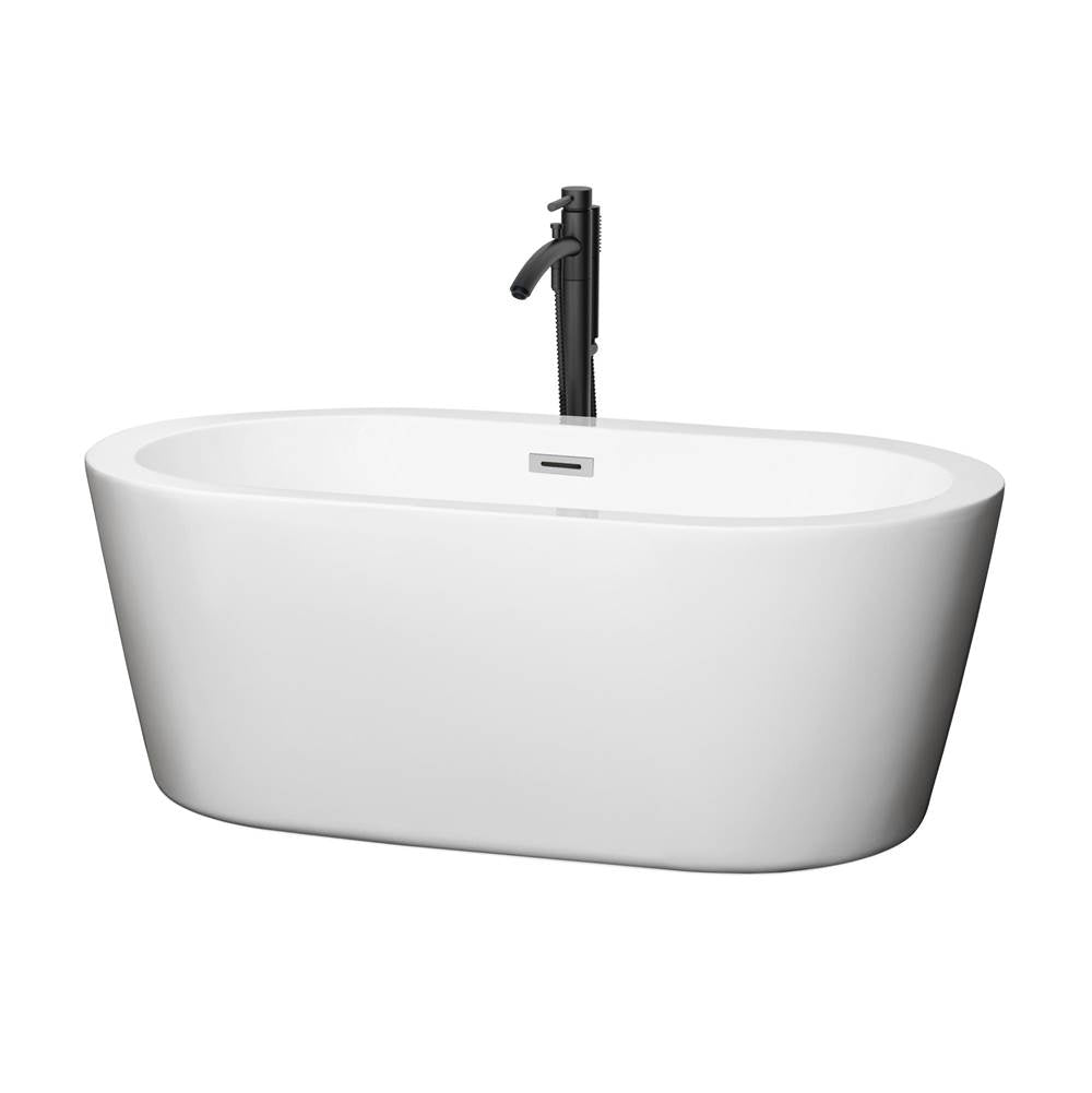Wyndham Collection - Mermaid 60 Inch Freestanding Bathtub in White with Polished Chrome Trim and Floor Mounted Faucet in Matte Black