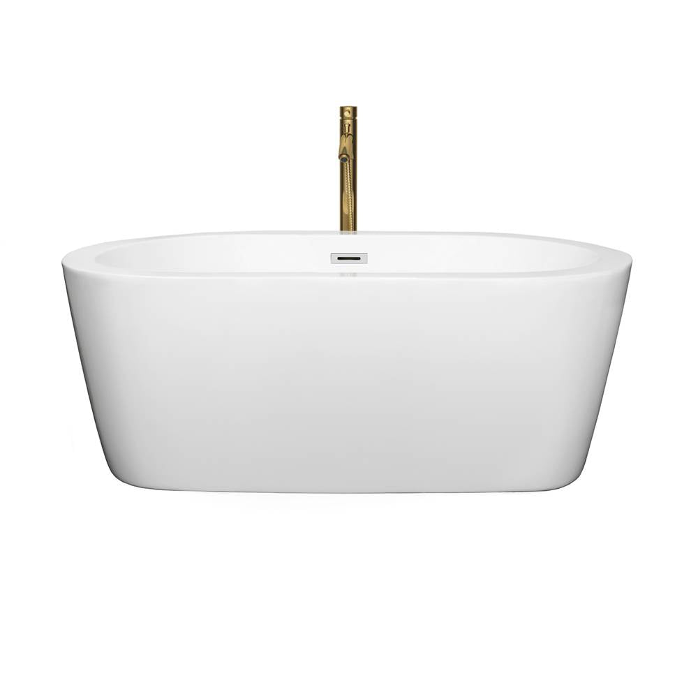 Mermaid 60 Inch Freestanding Bathtub in White with Polished Chrome Trim and Floor Mounted Faucet in Brushed Gold