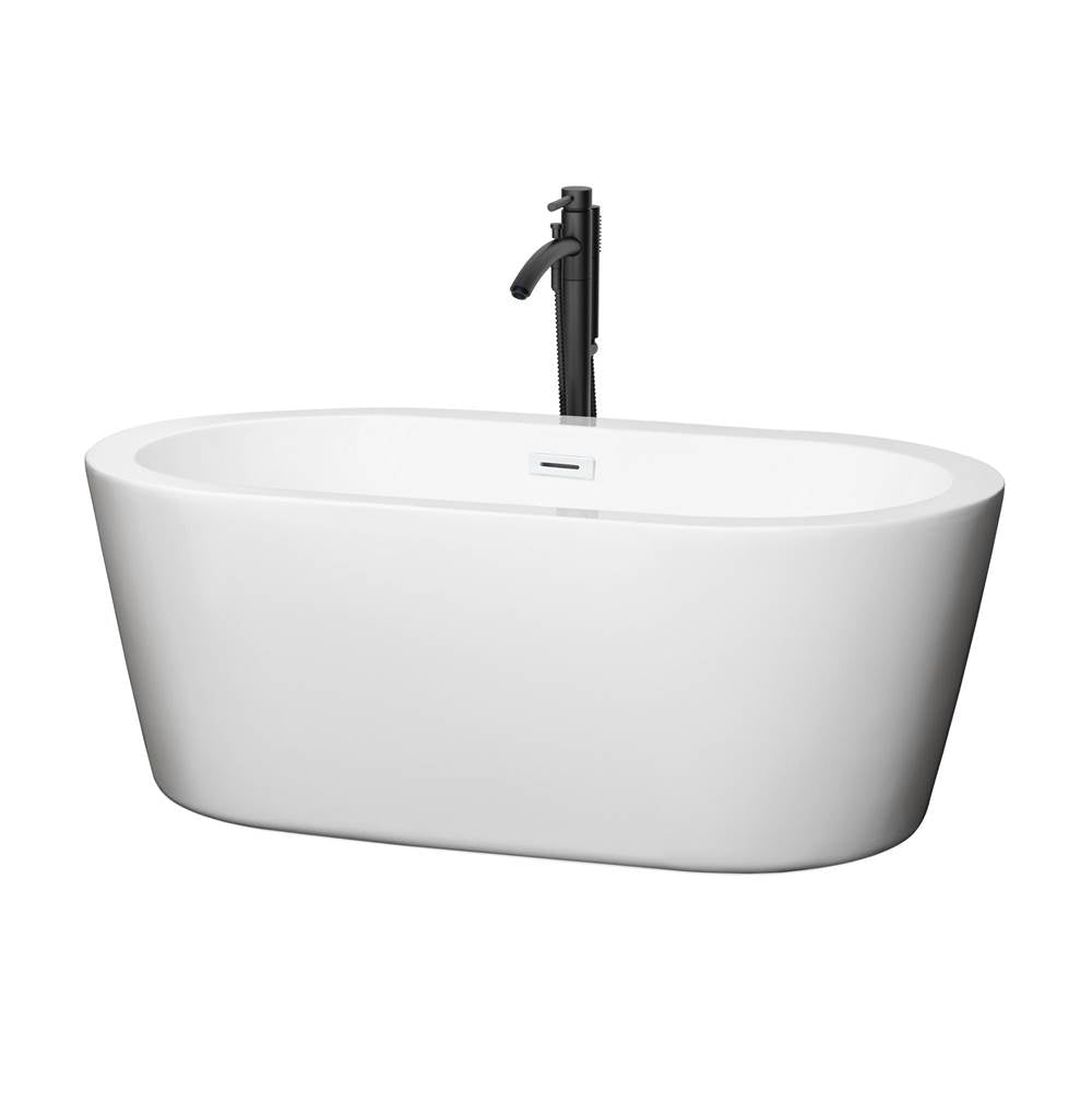 Wyndham Collection - Mermaid 60 Inch Freestanding Bathtub in White with Shiny White Trim and Floor Mounted Faucet in Matte Black