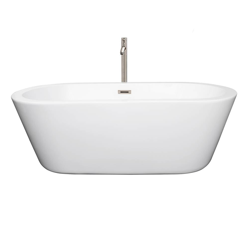 Wyndham Collection - Mermaid 67 Inch Freestanding Bathtub in White with Floor Mounted Faucet, Drain and Overflow Trim in Brushed Nickel - White With Brushed Nickel