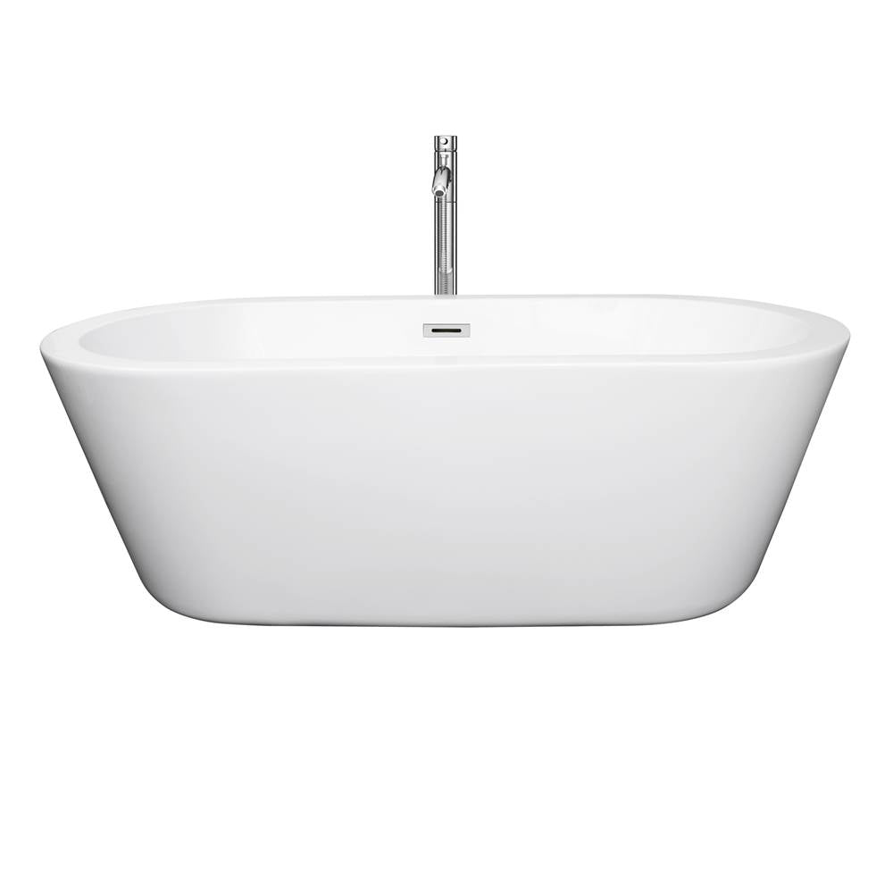 Mermaid 67 Inch Freestanding Bathtub in White with Floor Mounted Faucet, Drain and Overflow Trim in Brushed Nickel
