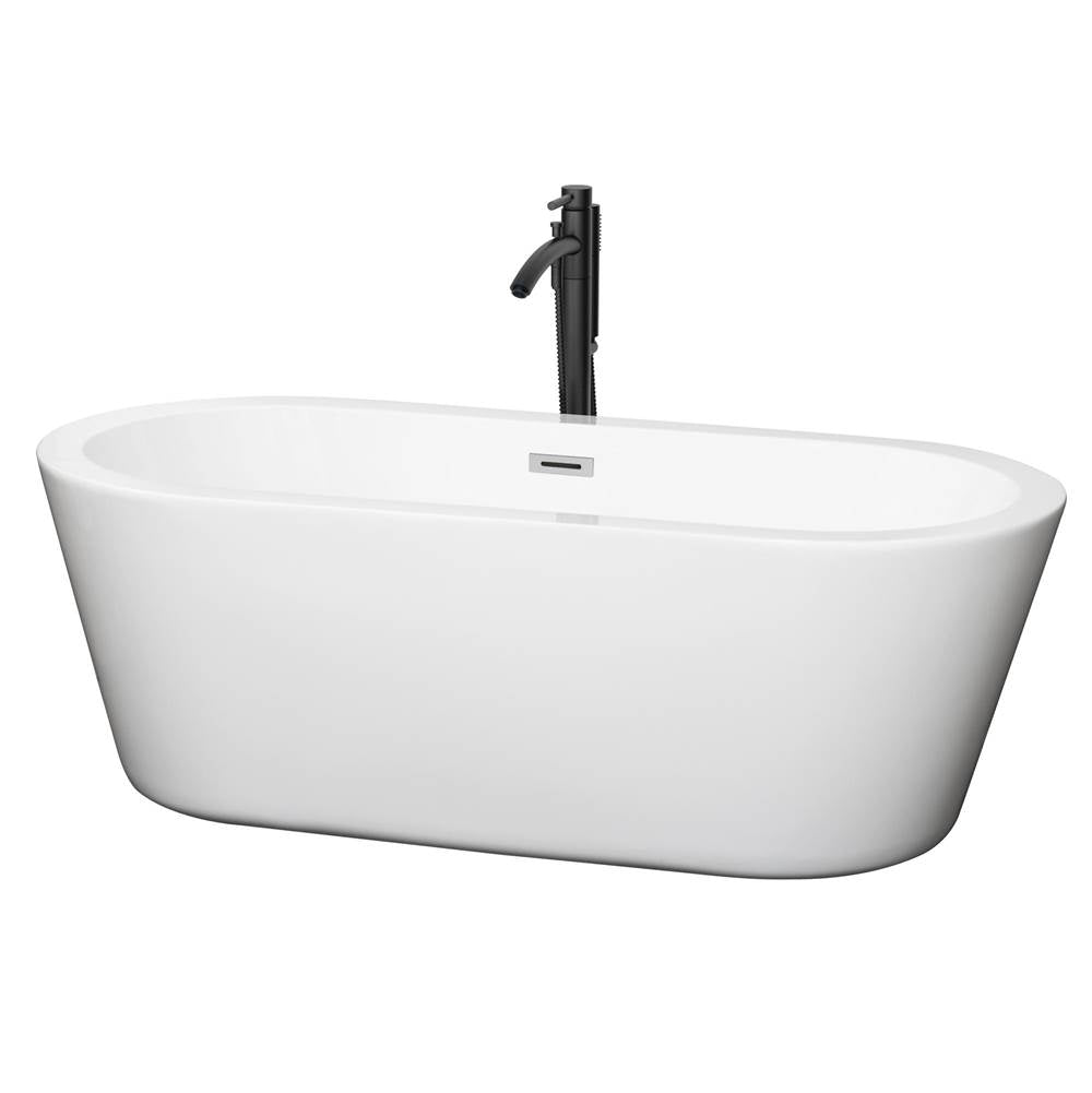 Wyndham Collection - Mermaid 67 Inch Freestanding Bathtub in White with Polished Chrome Trim and Floor Mounted Faucet in Matte Black