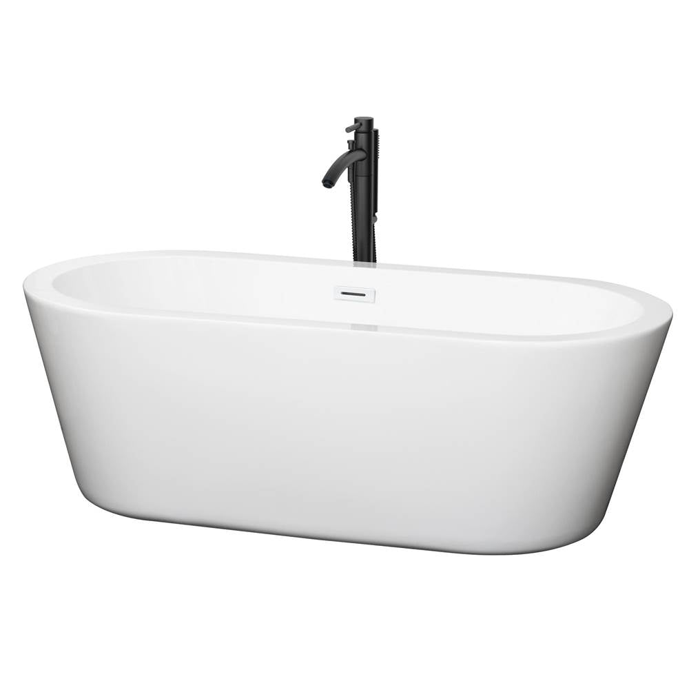 Wyndham Collection - Mermaid 67 Inch Freestanding Bathtub in White with Shiny White Trim and Floor Mounted Faucet in Matte Black