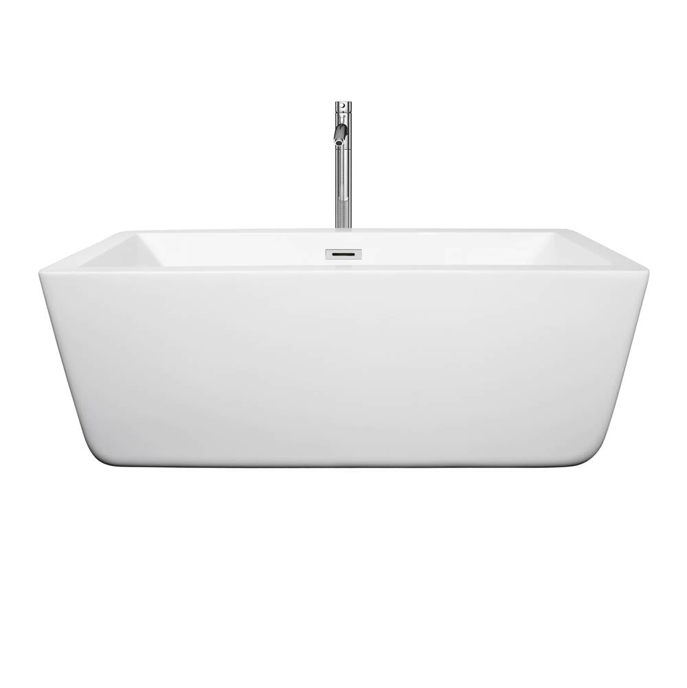 Laura 59 Inch Freestanding Bathtub in White with Floor Mounted Faucet, Drain and Overflow Trim in Brushed Nickel