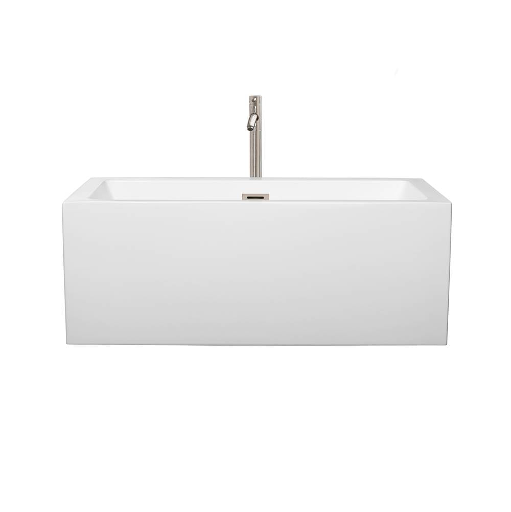 Melody 60 Inch Freestanding Bathtub in White with Floor Mounted Faucet, Drain and Overflow Trim in Brushed Nickel