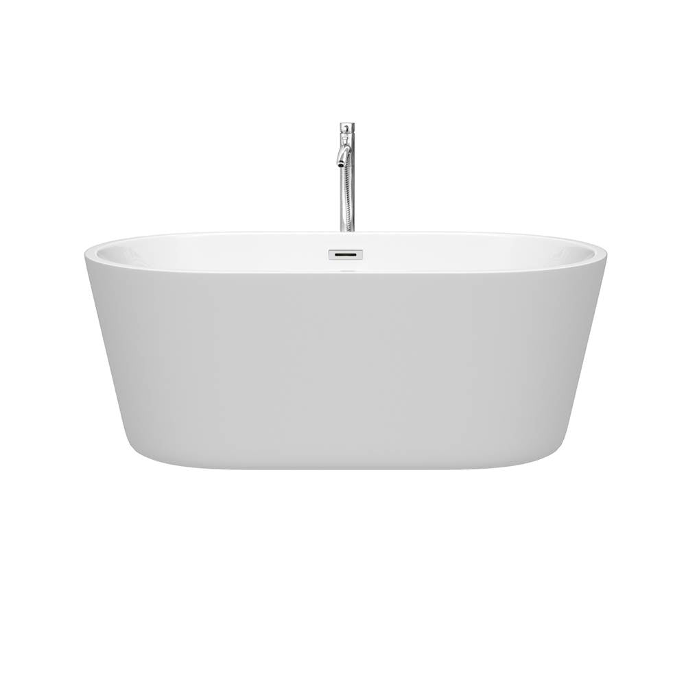 Carissa 60 Inch Freestanding Bathtub in White with Floor Mounted Faucet, Drain and Overflow Trim in Brushed Nickel