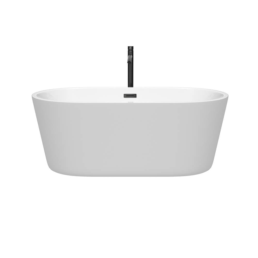 Carissa 60 Inch Freestanding Bathtub in White with Floor Mounted Faucet, Drain and Overflow Trim in Matte Black