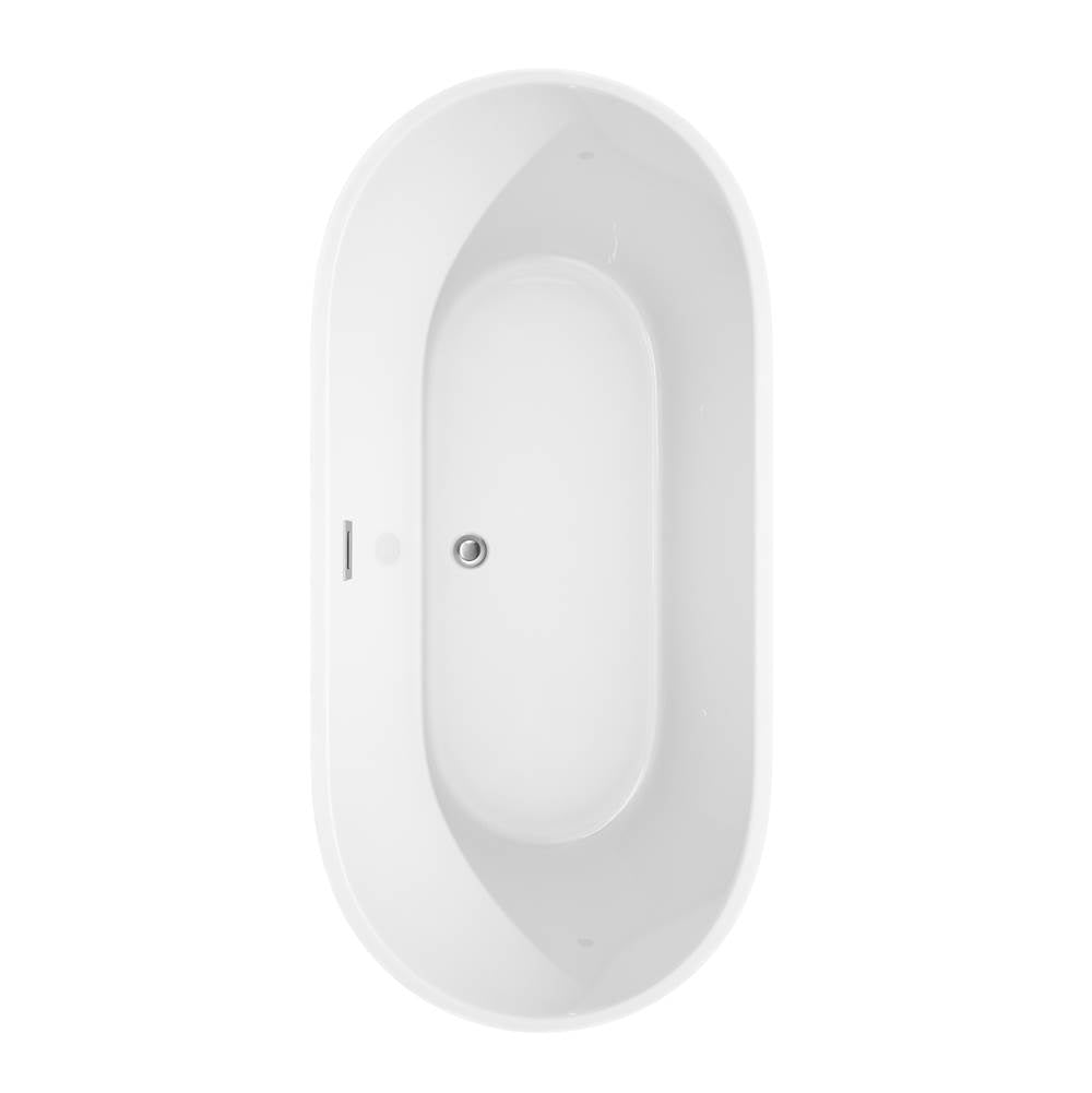Carissa 67 Inch Freestanding Bathtub in White with Floor Mounted Faucet, Drain and Overflow Trim in Brushed Nickel