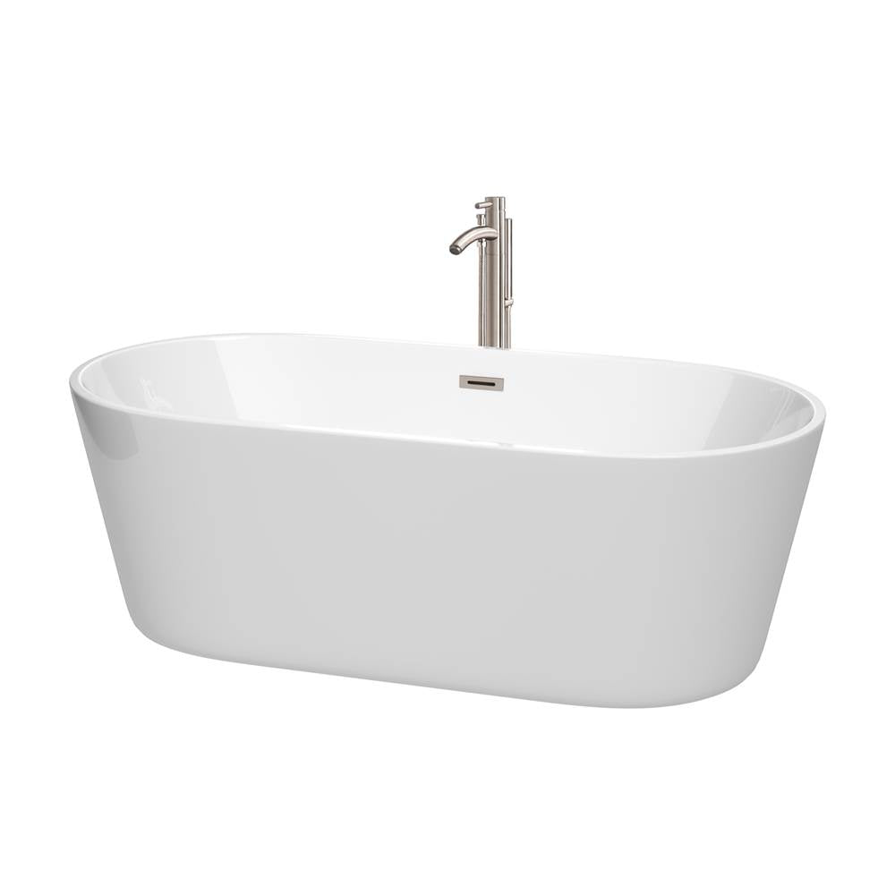 Wyndham Collection - Carissa 67 Inch Freestanding Bathtub in White with Floor Mounted Faucet, Drain and Overflow Trim in Brushed Nickel - White With Brushed Nickel