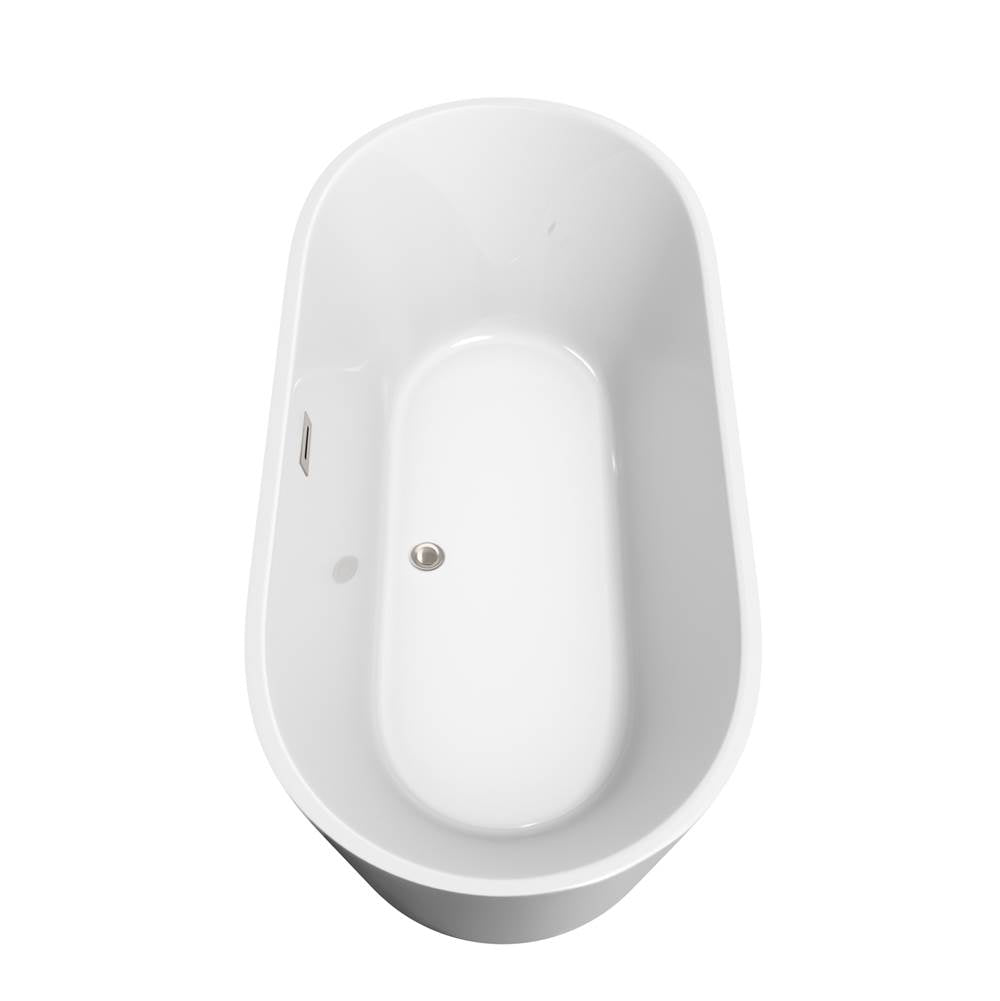 Carissa 67 Inch Freestanding Bathtub in White with Floor Mounted Faucet, Drain and Overflow Trim in Brushed Nickel