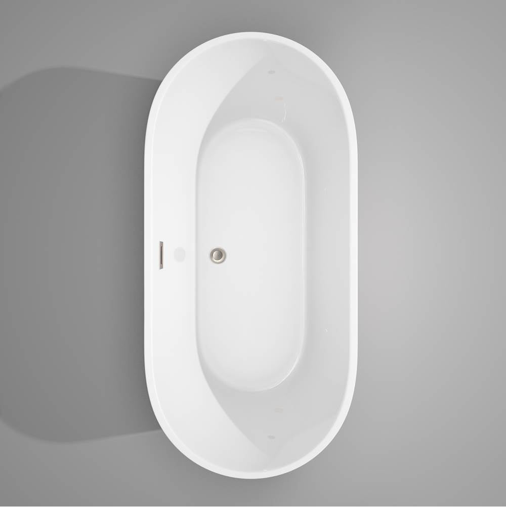 Carissa 67 Inch Freestanding Bathtub in White with Floor Mounted Faucet, Drain and Overflow Trim in Brushed Nickel
