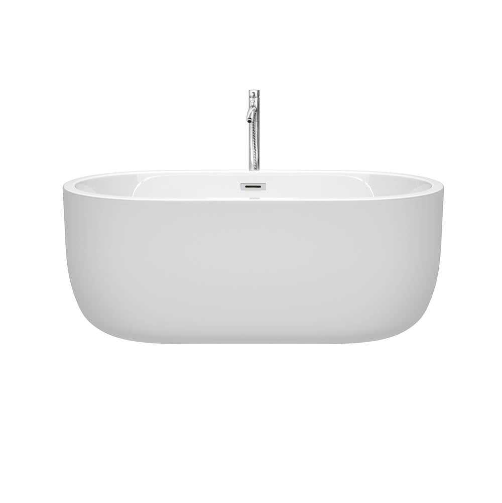Juliette 60 Inch Freestanding Bathtub in White with Floor Mounted Faucet, Drain and Overflow Trim in Brushed Nickel