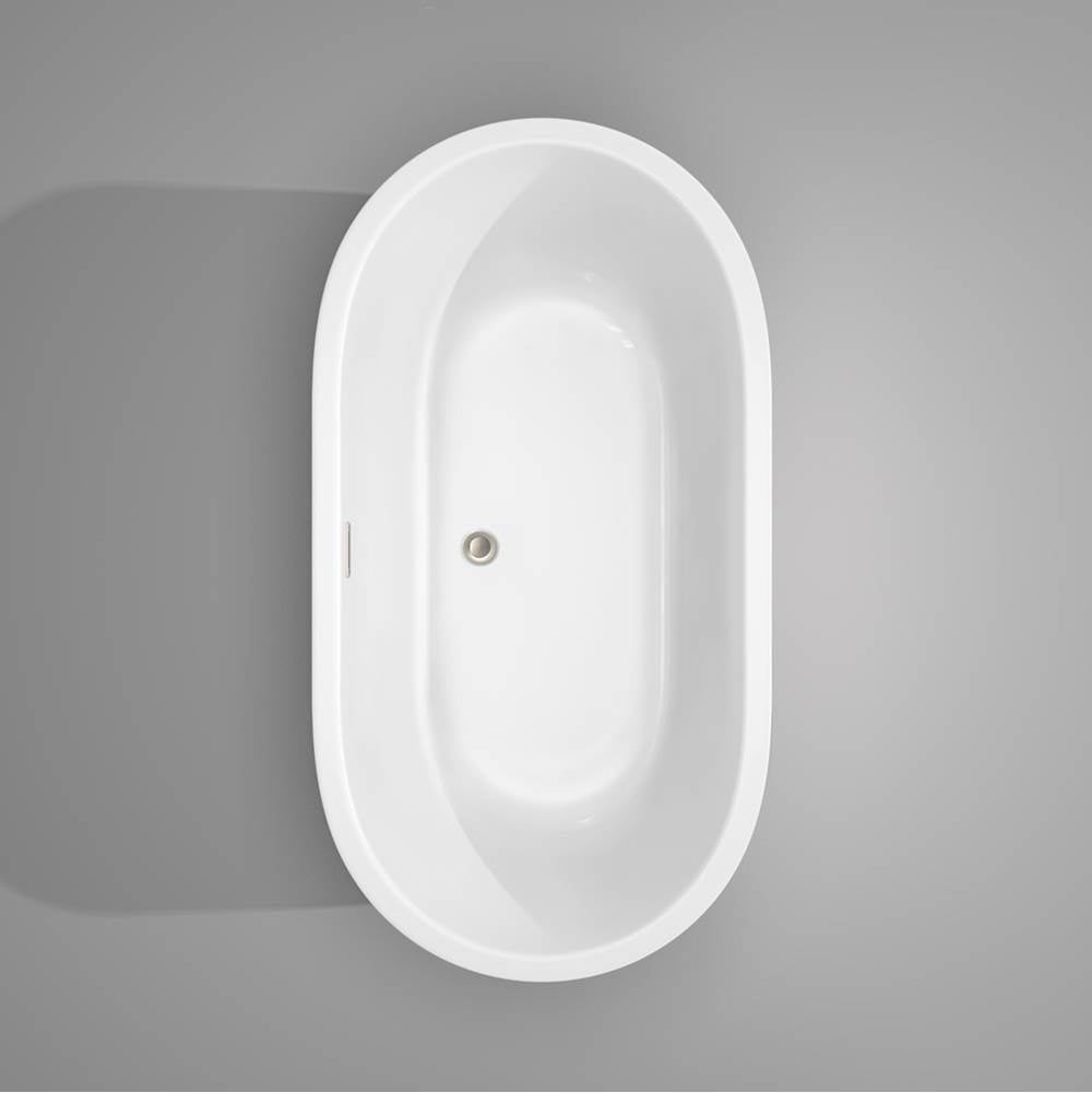 Juliette 60 Inch Freestanding Bathtub in White with Floor Mounted Faucet, Drain and Overflow Trim in Brushed Nickel