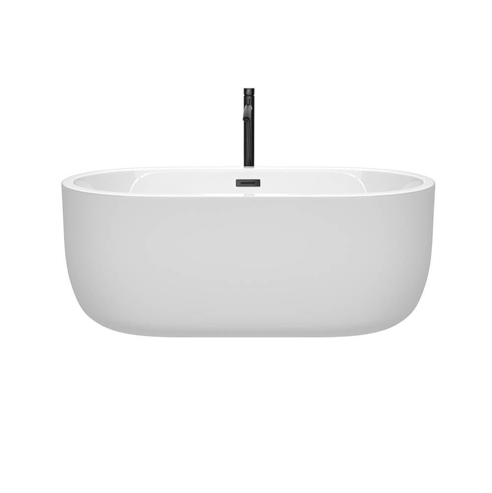 Juliette 60 Inch Freestanding Bathtub in White with Floor Mounted Faucet, Drain and Overflow Trim in Matte Black