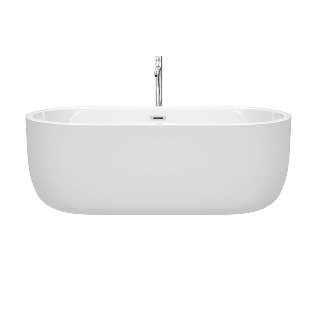 Juliette 67 Inch Freestanding Bathtub in White with Floor Mounted Faucet, Drain and Overflow Trim in Brushed Nickel