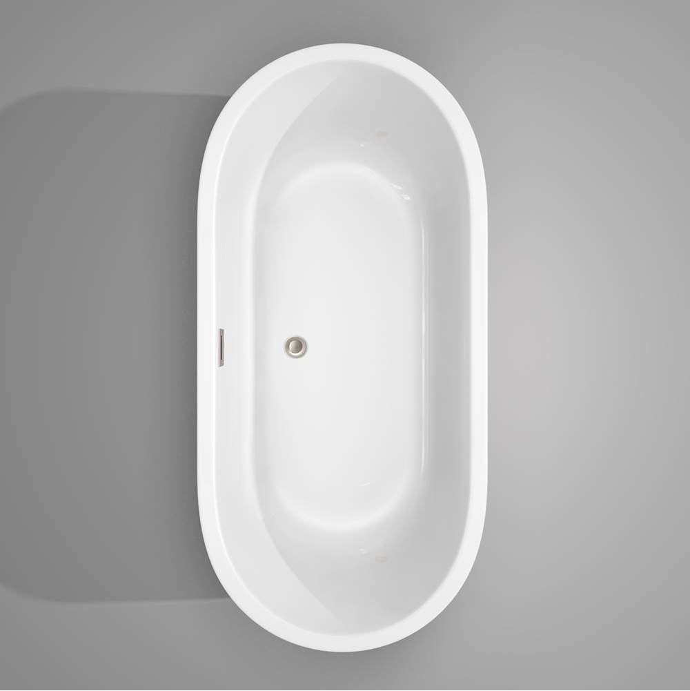 Juliette 67 Inch Freestanding Bathtub in White with Floor Mounted Faucet, Drain and Overflow Trim in Brushed Nickel