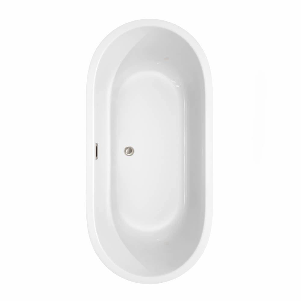 Juliette 67 Inch Freestanding Bathtub in White with Floor Mounted Faucet, Drain and Overflow Trim in Brushed Nickel