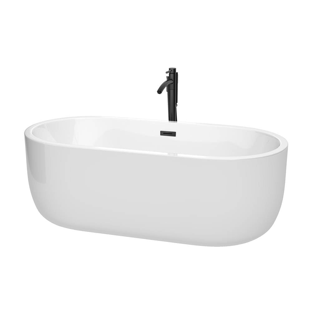 Wyndham Collection - Juliette 67 Inch Freestanding Bathtub in White with Floor Mounted Faucet, Drain and Overflow Trim in Matte Black