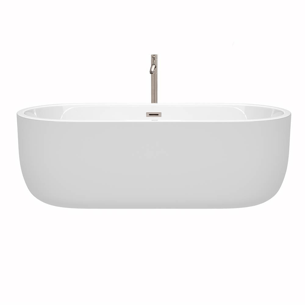 Juliette 71 Inch Freestanding Bathtub in White with Floor Mounted Faucet, Drain and Overflow Trim in Brushed Nickel