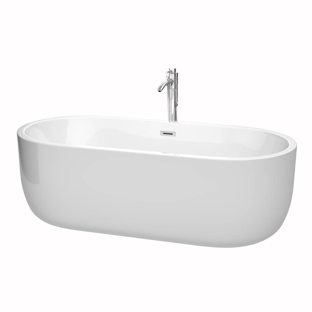 Wyndham Collection - Juliette 71 Inch Freestanding Bathtub in White with Floor Mounted Faucet, Drain and Overflow Trim in Polished Chrome - White With Polished Chrome