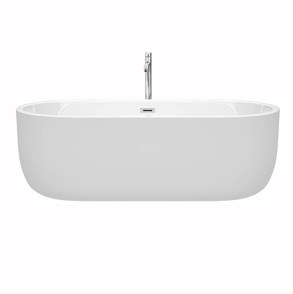 Juliette 71 Inch Freestanding Bathtub in White with Floor Mounted Faucet, Drain and Overflow Trim in Brushed Nickel